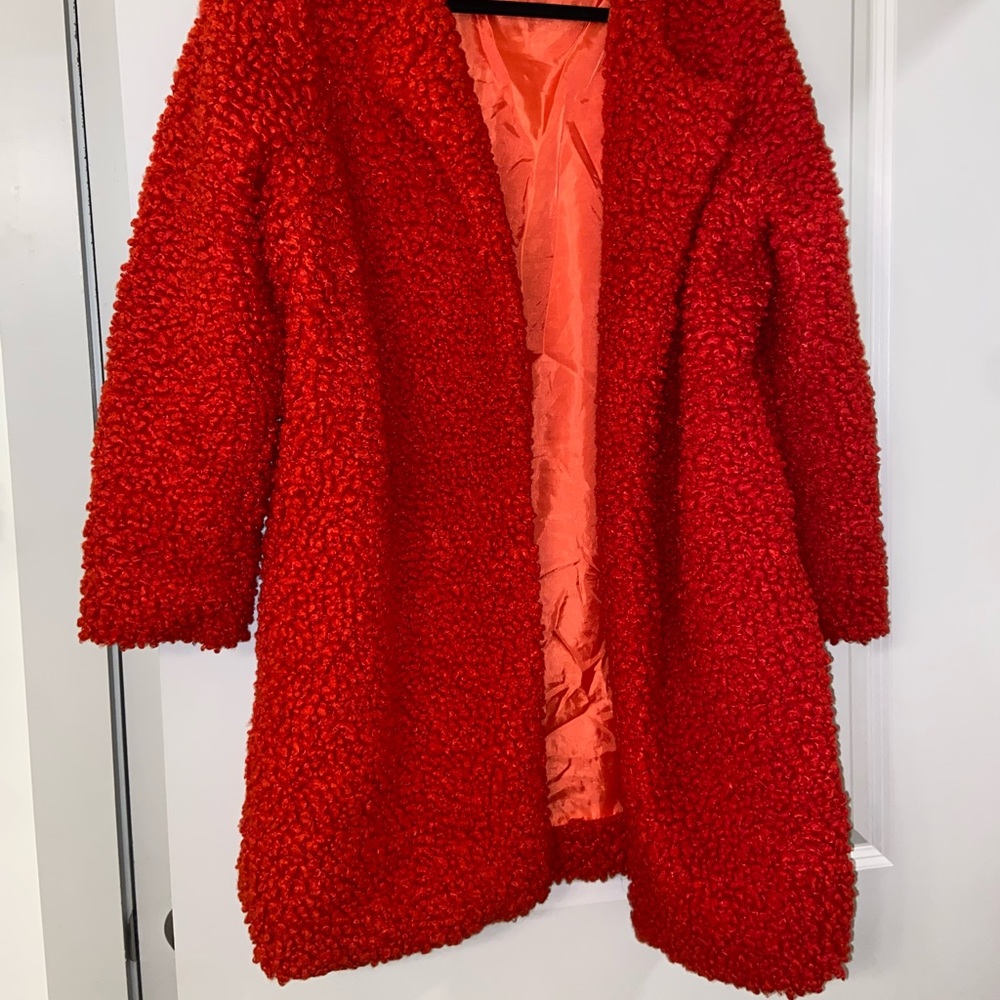 Boohoo. Size 6. Red Fluffy Coat